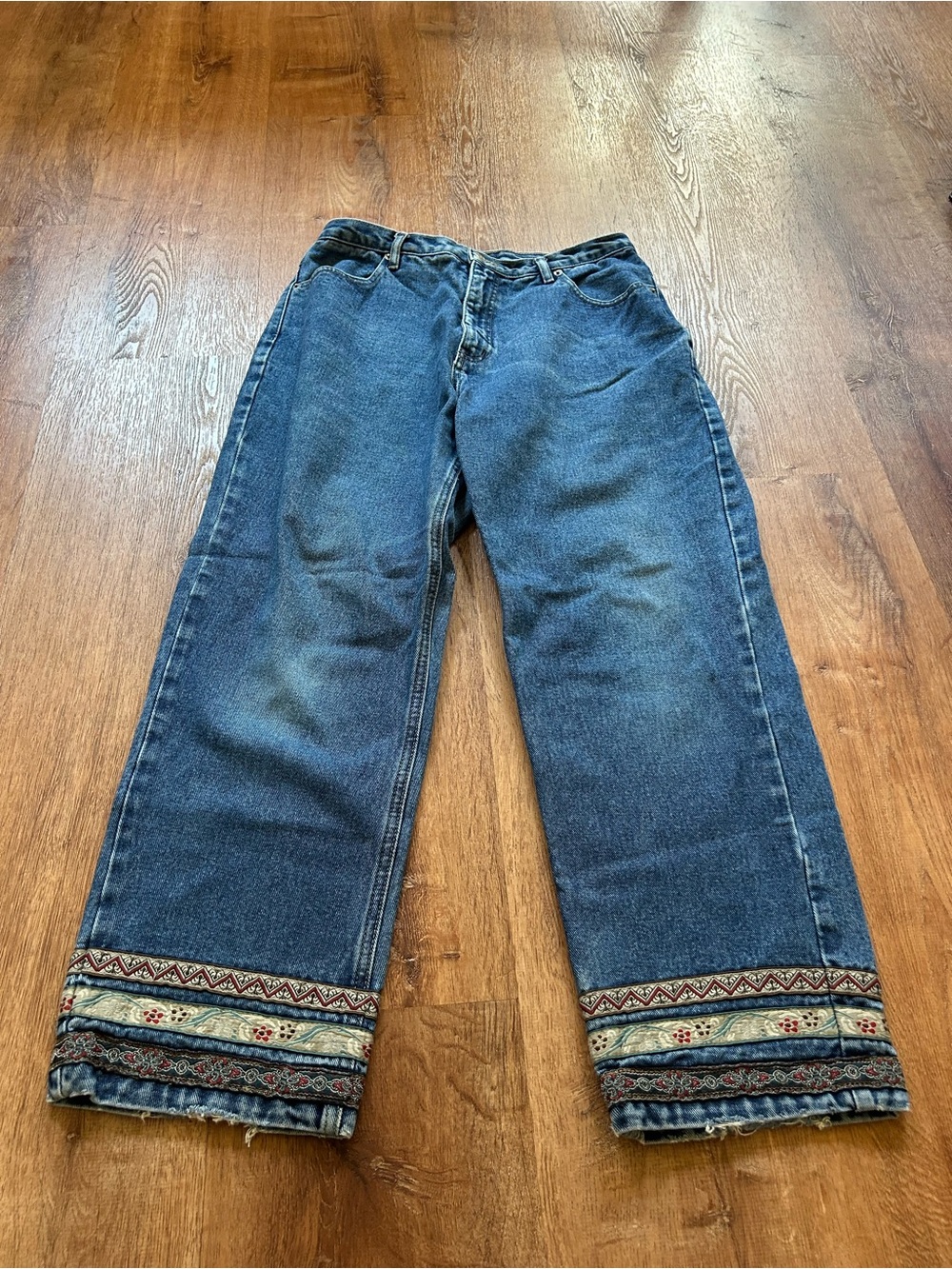 Vintage Boho Straight Leg Blue Denim Jeans with Embroidered Hem